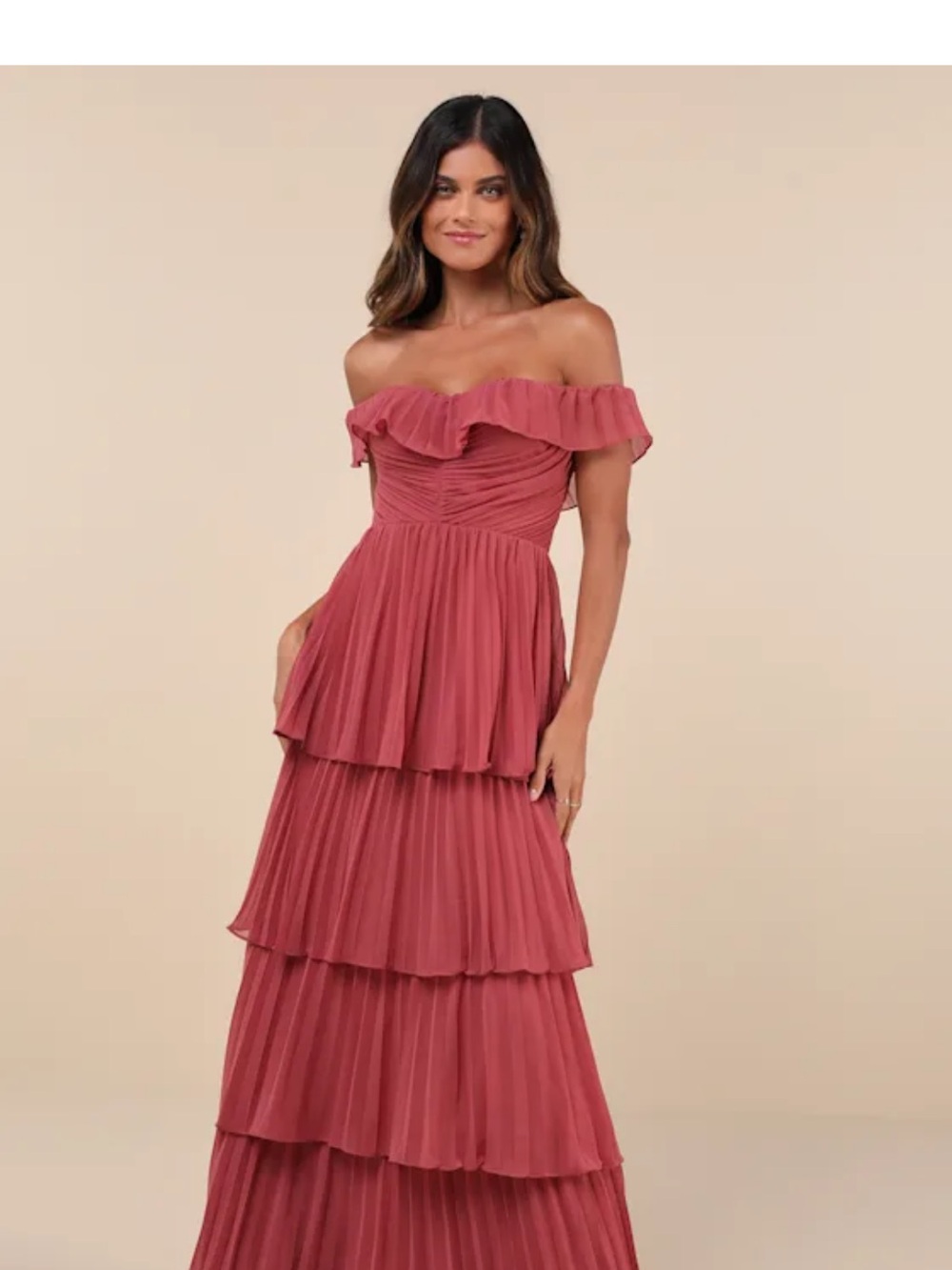 NWT Lulu's Always Remarkable Rusty Rose Pleated Off-the-Should Maxi Dress